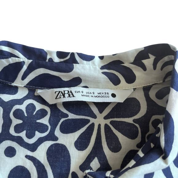Zara Navy White Damask Print A-Line Long Sleeve Midi Shirt Dress Size Small - Picture 4 of 7